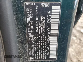 2000 BMW 5 Series 528iA with VIN WBADM6346YGU20515, listed as a Copart auction lot 43608485 with 197,903 mi miles and Salvage Title. Bid and sale history available at carsss.com. Image 14.