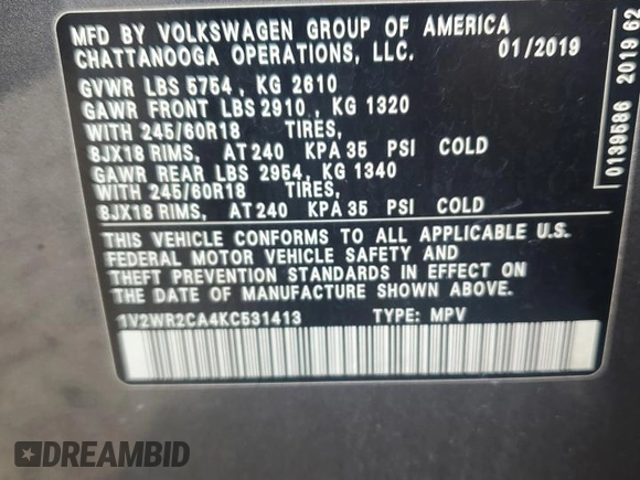 2019 Volkswagen Atlas SE z VIN 1V2WR2CA4KC531413, wystawiony jako Copart lot #55102495 z przebiegiem 71 887 mil mil oraz Szkoda całkowita • Salvage title. Historia ofert i sprzedaży dostępna na DreamBid. Obrazek 14.