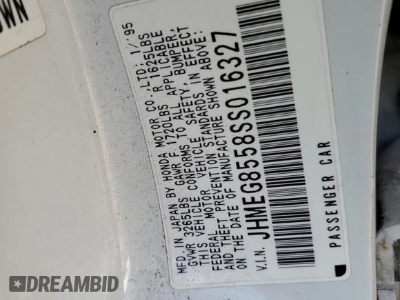 1995 Honda Civic z VIN JHMEG8558SS016327, wystawiony jako Copart lot #74427004 z przebiegiem 153 248 mil mil oraz Szkoda całkowita • Salvage title. Historia ofert i sprzedaży dostępna na DreamBid. Obrazek 12.