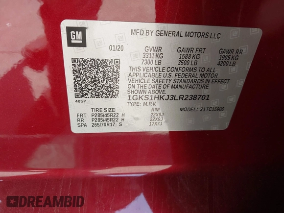 2020 GMC Yukon XL Denali with VIN 1GKS1HKJ3LR238701, listed as a IAAI auction lot 41724274 with 107,323 mi miles and . Bid and sale history available at DreamBid. Image 9.