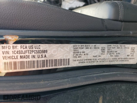 2023 Dodge Durango Pursuit with VIN 1C4SDJFT2PC583989, listed as a Copart auction lot 63729575 with Not provided miles and Salvage title. Bid and sale history available at DreamBid. Image 12.