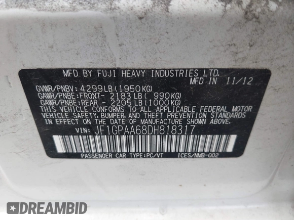 2013 Subaru Impreza 2.0i with VIN JF1GPAA68DH818317, listed as a IAAI auction lot 42608084 with 125,603 mi miles and . Bid and sale history available at DreamBid. Image 9.