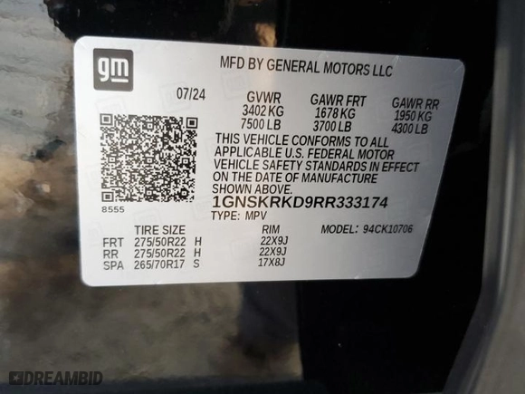 2024 Chevrolet Tahoe RST with VIN 1GNSKRKD9RR333174, listed as a Copart auction lot 78360524 with 0 mi miles and Salvage Title. Bid and sale history available at carsss.com. Image 13.