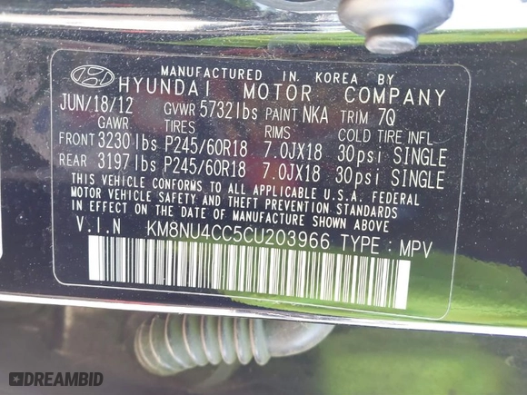 2012 Hyundai Veracruz Limited with VIN KM8NU4CC5CU203966, listed as a IAAI auction lot 41405622 with 150,938 mi miles. Bid and sale history available at carsss.com. Image 9.
