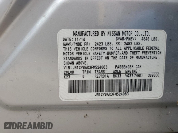 2015 Infiniti Q40 with VIN JN1CV6AR3FM524083, listed as a Copart auction lot 73520634 with 0 mi miles and Salvage Title. Bid and sale history available at carsss.com. Image 13.