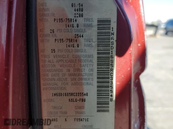 1994 Nissan Frontier XE with VIN 1N6SD16S5RC335548, listed as a Copart auction lot 84459184 with 138,698 mi miles and Salvage title. Bid and sale history available at DreamBid. Image 12.