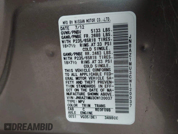 2012 Nissan Murano S with VIN JN8AZ1MU3CW120037, listed as a IAAI auction lot 41161477 with 169,720 mi miles and . Bid and sale history available at DreamBid. Image 9.