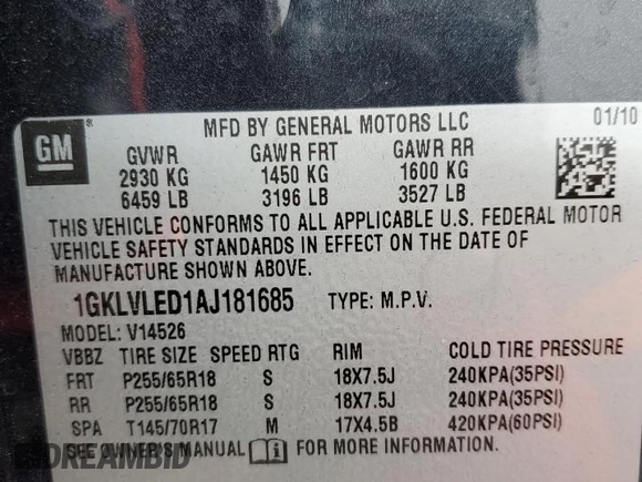 2010 GMC Acadia SLE with VIN 1GKLVLED1AJ181685, listed as a Copart auction lot 82568154 with Not Provided miles and Salvage Title. Bid and sale history available at DreamBid. Image 13.