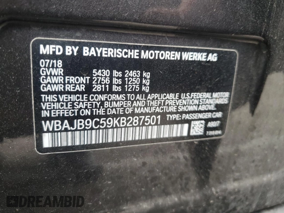 2019 BMW 5 Series M550i xDrive with VIN WBAJB9C59KB287501, listed as a Copart auction lot 59732425 with 74,345 mi miles and Salvage title. Bid and sale history available at DreamBid. Image 12.
