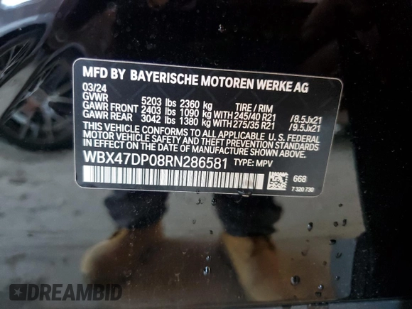 2024 BMW X3 sDrive30i with VIN WBX47DP08RN286581, listed as a Copart auction lot 42040215 with 5,660 mi miles and Non Repairable. Bid and sale history available at DreamBid. Image 14.