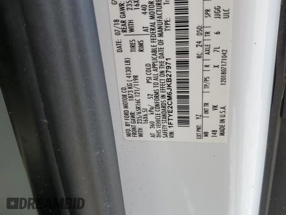 2018 Ford Transit с VIN 1FTYE2CM6JKB27971, выставлен на аукционе Copart как лот 75476554 с пробегом Не указан миль и На запчасти • Non repairable. История ставок и продаж доступна на DreamBid. Изображение 13.