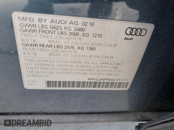 2016 Audi Q5 Premium Plus с VIN WA1L2AFP8GA101271, выставлен на аукционе Copart как лот 52609095 с пробегом Не указан миль и Списание • Salvage title. История ставок и продаж доступна на DreamBid. Изображение 14.