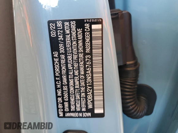 2022 Porsche Taycan 4 with VIN WP0BA2Y13NSA67673, listed as a Copart auction lot 52858563 with 10,690 mi miles and . Bid and sale history available at DreamBid. Image 13.