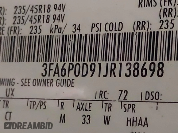 2018 Ford Fusion Titanium with VIN 3FA6P0D91JR138698, listed as a IAAI auction lot 41992522 with 95,017 mi miles and . Bid and sale history available at DreamBid. Image 9.