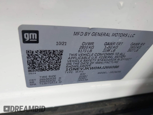 2021 Chevrolet Traverse RS z VIN 1GNEVJKW0MJ266088, wystawiony jako IAAI lot #41504928 z przebiegiem 57 966 mil mil oraz . Historia ofert i sprzedaży dostępna na DreamBid. Obrazek 9.