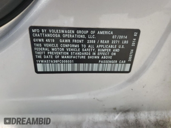 2015 Volkswagen Passat S with VIN 1VWAS7A36FC005031, listed as a Copart auction lot 52231825 with 168,247 mi miles and Clean title. Bid and sale history available at DreamBid. Image 12.