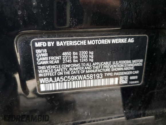 2019 BMW 5 Series 530i with VIN WBAJA5C59KWA58193, listed as a Copart auction lot 44623275 with 115,573 mi miles and Salvage Title. Bid and sale history available at DreamBid. Image 12.