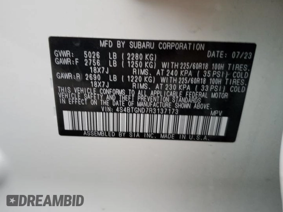 2024 Subaru Outback Limited XT с VIN 4S4BTGND7R3137173, выставлен на аукционе Copart как лот 78516384 с пробегом 5 454 миль миль и Списание • Salvage title. История ставок и продаж доступна на DreamBid. Изображение 13.