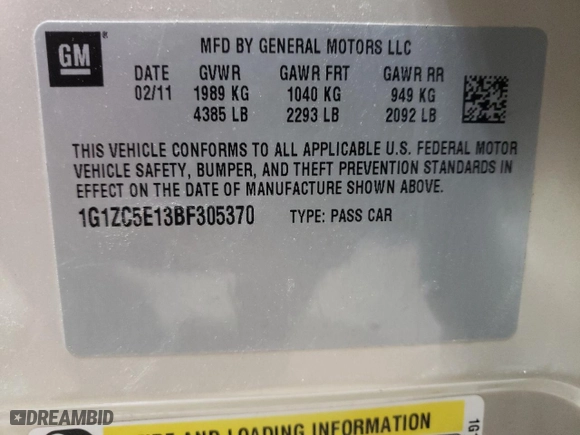 2011 Chevrolet Malibu LT w/1LT with VIN 1G1ZC5E13BF305370, listed as a Copart auction lot 53506645 with 113,458 mi miles and Clean Title. Bid and sale history available at carsss.com. Image 12.