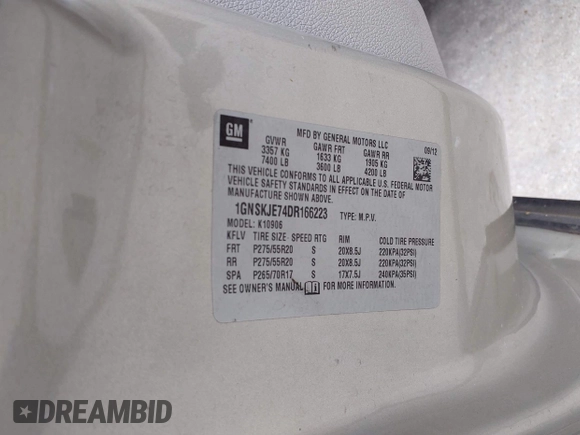 2013 Chevrolet Suburban LT with VIN 1GNSKJE74DR166223, listed as a IAAI auction lot 42172184 with 200,901 mi miles and . Bid and sale history available at DreamBid. Image 9.