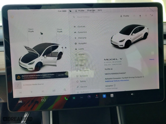2020 Tesla Model Y Long Range with VIN 5YJYGDEE5LF040347, listed as a Copart auction lot 45598615 with 72,179 mi miles and Salvage Title. Bid and sale history available at carsss.com. Image 9.
