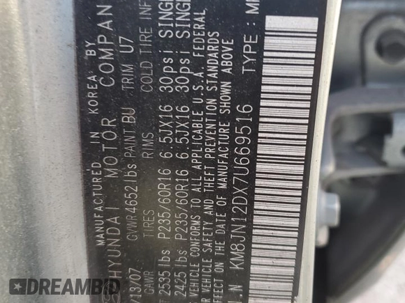 2007 Hyundai Tucson SE with VIN KM8JN12DX7U669516, listed as a Copart auction lot 75064014 with 60,360 mi miles and Salvage Title. Bid and sale history available at carsss.com. Image 13.