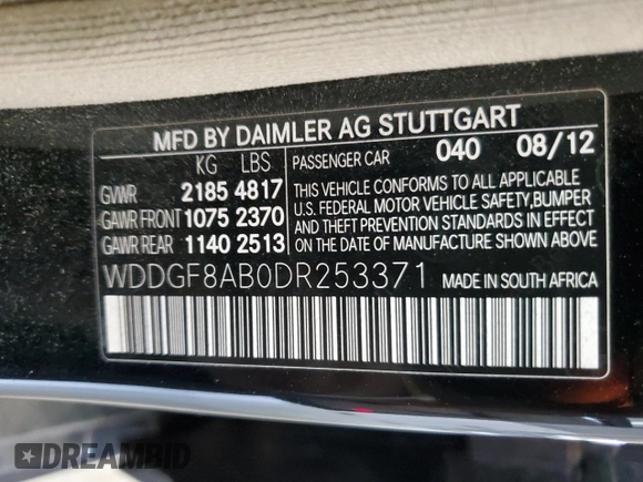 2013 Mercedes-Benz C 300 Sport with VIN WDDGF8AB0DR253371, listed as a Copart auction lot 62021785 with 190,938 mi miles and Salvage title. Bid and sale history available at DreamBid. Image 12.