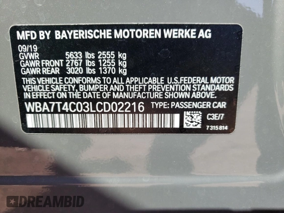 2020 BMW 7 Series 740i xDrive with VIN WBA7T4C03LCD02216, listed as a Copart auction lot 70329143 with 22,696 mi miles. Bid and sale history available at carsss.com. Image 12.