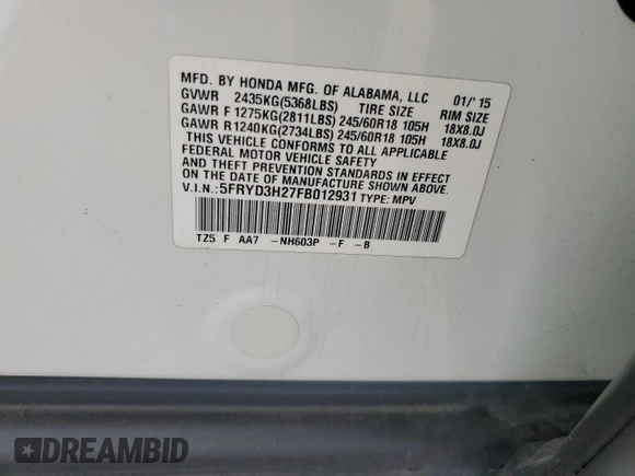 2015 Acura MDX with VIN 5FRYD3H27FB012931, listed as a Copart auction lot 55147415 with 64,904 mi miles and Salvage title. Bid and sale history available at DreamBid. Image 14.