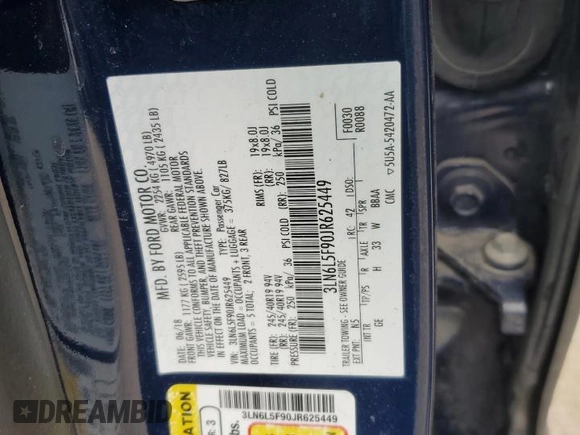 2018 Lincoln MKZ Reserve with VIN 3LN6L5F90JR625449, listed as a Copart auction lot 54315085 with 58,433 mi miles and Clean title. Bid and sale history available at DreamBid. Image 12.
