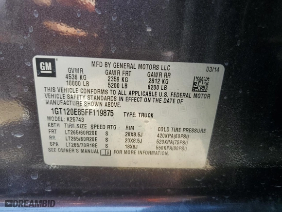 2015 GMC Sierra 2500HD available WiFi Denali with VIN 1GT120E85FF119875, listed as a Copart auction lot 76104944 with NaN miles and Salvage Title. Bid and sale history available at carsss.com. Image 13.