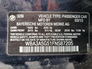 2015 BMW 3 Series 328i with VIN WBA3A5G51FNS87205, listed as a Copart auction lot 47498005 with 65,523 mi miles and Salvage Title. Bid and sale history available at DreamBid. Image 14.