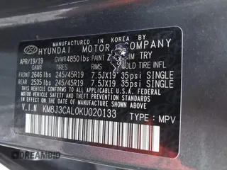 2019 Hyundai Tucson Ultimate with VIN KM8J3CAL0KU020133, listed as a IAAI auction lot 41856333 with 93,772 mi miles. Bid and sale history available at carsss.com. Image 9.