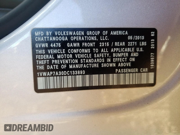 2013 Volkswagen Passat Wolfsburg Edition z VIN 1VWAP7A30DC133893, wystawiony jako Copart lot #82477184 z przebiegiem 136 344 mil mil oraz Szkoda całkowita • Salvage title. Historia ofert i sprzedaży dostępna na DreamBid. Obrazek 14.