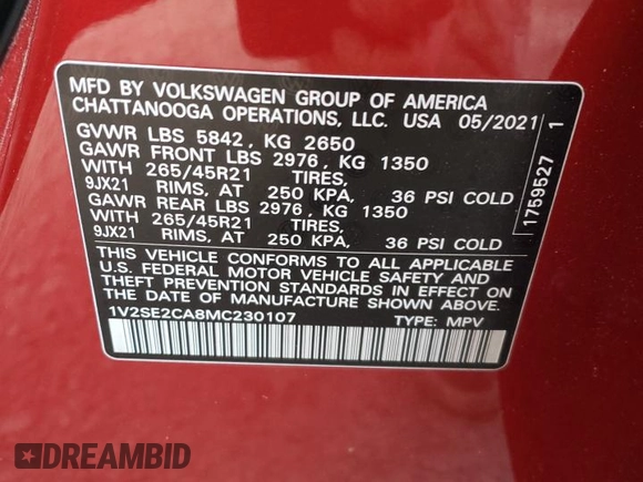 2021 Volkswagen Atlas SEL with VIN 1V2SE2CA8MC230107, listed as a Copart auction lot 36665393 with Not provided miles and . Bid and sale history available at DreamBid. Image 14.