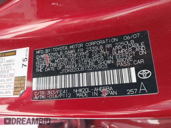 2007 Toyota Prius with VIN JTDKB20U873275903, listed as a IAAI auction lot 42392166 with 169,938 mi miles and . Bid and sale history available at DreamBid. Image 9.