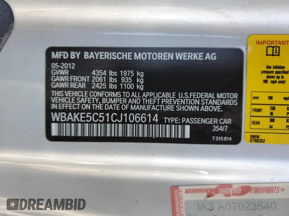 2012 BMW 3 Series 328i with VIN WBAKE5C51CJ106614, listed as a Copart auction lot 68272274 with 86,462 mi miles and Salvage Title. Bid and sale history available at carsss.com. Image 12.