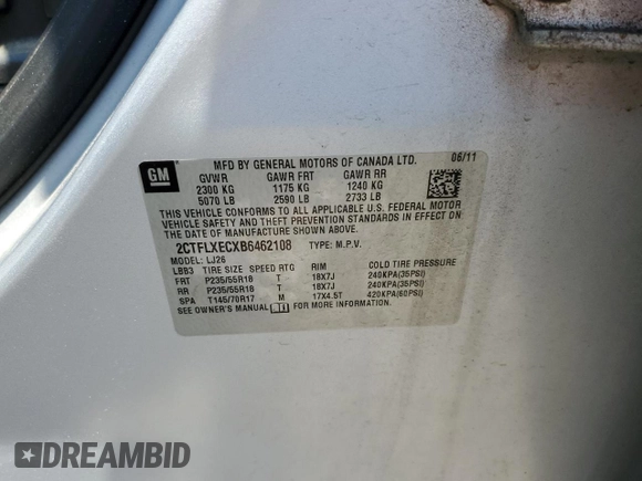 2011 GMC Terrain SLT-2 with VIN 2CTFLXECXB6462108, listed as a Copart auction lot 62908564 with Not Provided miles and Salvage Title. Bid and sale history available at DreamBid. Image 14.