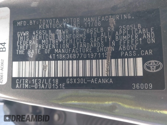 2007 Toyota Avalon XL z VIN 4T1BK36B77U197115, wystawiony jako IAAI lot #41669729 z przebiegiem 289 786 mil mil oraz . Historia ofert i sprzedaży dostępna na DreamBid. Obrazek 9.