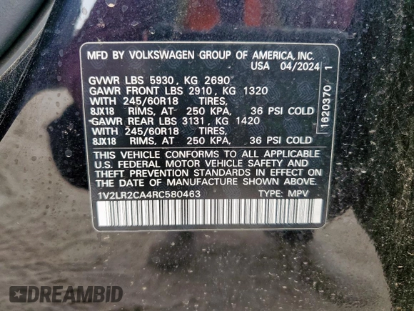 2024 Volkswagen Atlas SE z VIN 1V2LR2CA4RC580463, wystawiony jako Copart lot #58002775 z przebiegiem 300 mil mil oraz Szkoda całkowita • Salvage title. Historia ofert i sprzedaży dostępna na DreamBid. Obrazek 13.