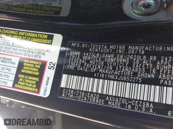 2018 Toyota Camry LE z VIN 4T1B11HKXJU652275, wystawiony jako IAAI lot #42245625 z przebiegiem 49 596 mil mil oraz . Historia ofert i sprzedaży dostępna na DreamBid. Obrazek 9.