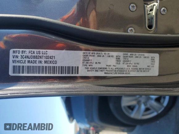 2022 Jeep Compass Latitude with VIN 3C4NJDBB2NT102421, listed as a Copart auction lot 48374025 with Not Provided miles and Salvage Title. Bid and sale history available at DreamBid. Image 13.