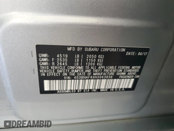 2017 Subaru Legacy Premium with VIN 4S3BNAF6XH3063838, listed as a Copart auction lot 59333405 with 141,463 mi miles and Salvage title. Bid and sale history available at DreamBid. Image 13.