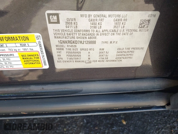 2017 Chevrolet Traverse LT with VIN 1GNKRGKD7HJ129888, listed as a IAAI auction lot 42009764 with 136,091 mi miles and . Bid and sale history available at DreamBid. Image 9.