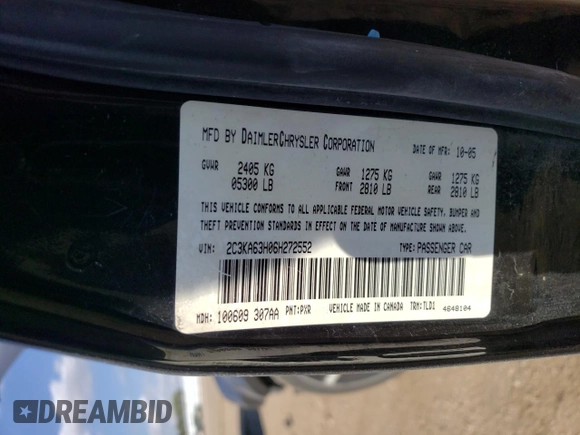 2006 Chrysler 300 C with VIN 2C3KA63H06H272552, listed as a Copart auction lot 72185684 with 105,737 mi miles and Salvage Title. Bid and sale history available at carsss.com. Image 12.