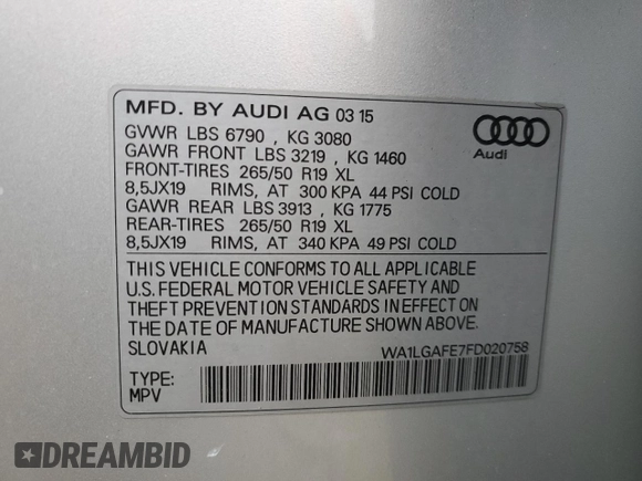 2015 Audi Q7 Premium Plus with VIN WA1LGAFE7FD020758, listed as a Copart auction lot 57027935 with 117,329 mi miles and Non repairable. Bid and sale history available at DreamBid. Image 14.