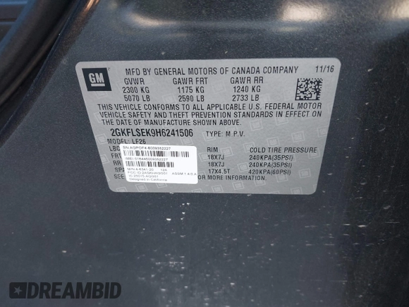 2017 GMC Terrain SLE with VIN 2GKFLSEK9H6241506, listed as a IAAI auction lot 41371435 with 104,677 mi miles and . Bid and sale history available at carsss.com. Image 9.