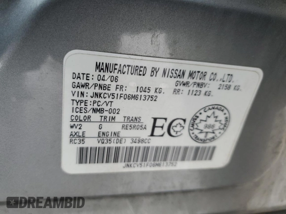 2006 Infiniti G35 z VIN JNKCV51F06M613752, wystawiony jako Copart lot #49462945 z przebiegiem 255 599 mil mil oraz Szkoda całkowita • Salvage title. Historia ofert i sprzedaży dostępna na DreamBid. Obrazek 13.