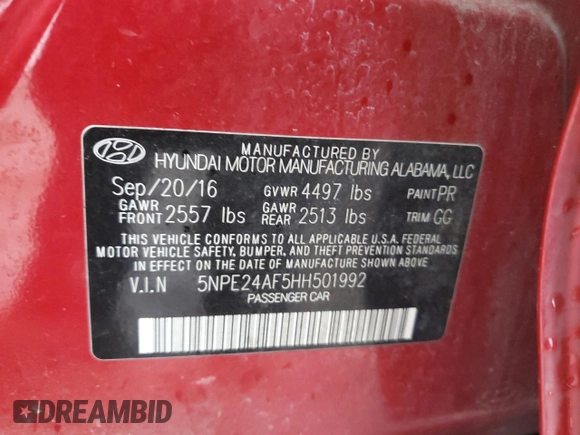 2017 Hyundai Sonata SE with VIN 5NPE24AF5HH501992, listed as a Copart auction lot 42774005 with 128,040 mi miles and Salvage Title. Bid and sale history available at DreamBid. Image 13.