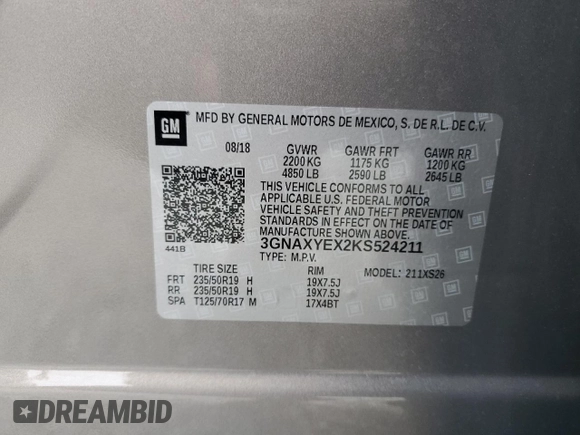 2019 Chevrolet Equinox Premier with VIN 3GNAXYEX2KS524211, listed as a Copart auction lot 88952845 with 58,531 mi miles and Salvage Title. Bid and sale history available at carsss.com. Image 13.